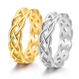 Celtic knot woven cross rings in gold and silver finish on a clean white background