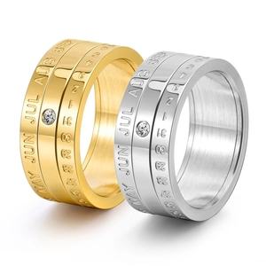 Stainless Steel Calendar Spinner Ring Gold Silver Plated Rhinestone Inlaid Rotatable Fashion Jewelry Finger Ring For Men