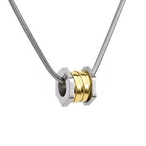 Titanium steel hexagonal pendant necklace with gold spiral detail on silver snake chain