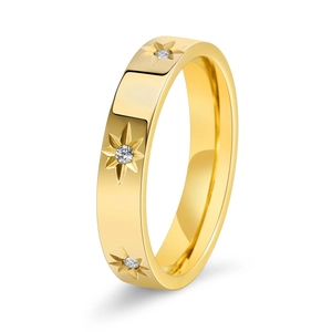Polished 18K gold plated stainless steel band ring with three star-set zircon stones