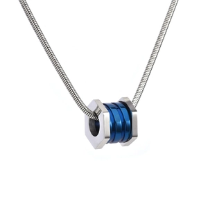 Titanium steel hexagonal pendant necklace with blue ceramic inlay on a silver snake chain