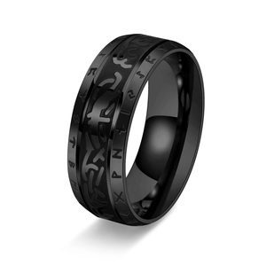 Men's vintage black stainless steel Viking Rune ring with polished edges and matte finish