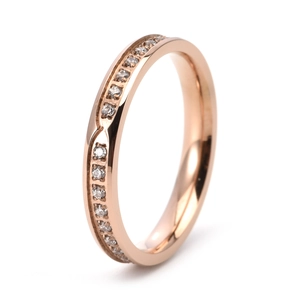 Detail of rose gold stainless steel ring featuring double-row micro-pave cubic zirconia