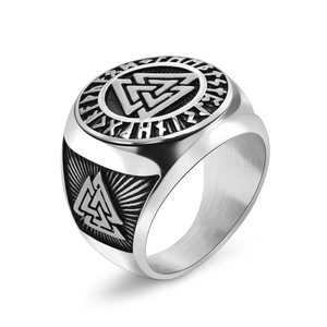 Nordic Viking Valknut ring in brushed titanium steel with ancient rune engravings