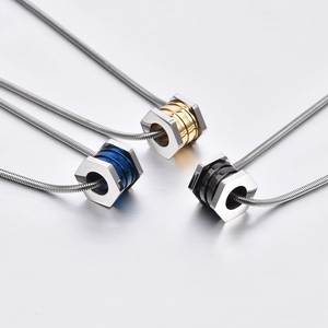 Minimalist hexagonal nut pendant necklace set in blue, gold, and black steel finish