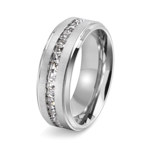 Trendy Stainless Steel Square Rhinestone Ring Brushed Polished Edge Wedding Engagement Band For Men Women Unisex Jewelry
