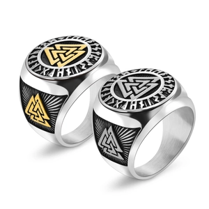 Vintage Viking Valknut titanium steel ring for men with etched runes and dual-tone finish