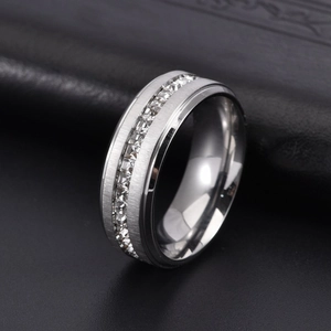 Fashionable titanium steel ring with a square-cut zirconia row and a brushed metal finish