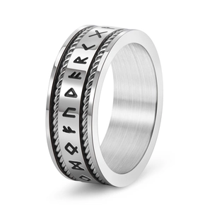 Nordic Viking rune ring with twisted wire rope edges in polished silver titanium steel