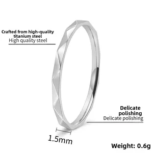 Detail of 1.5mm silver titanium ring showing geometric multifaceted cutting design