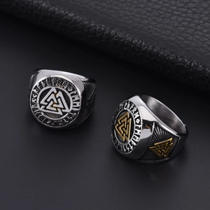 Nordic Viking Valknut ring set in silver and gold steel with Elder Futhark runes