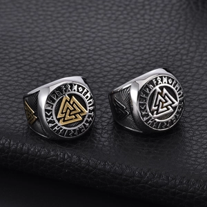 Vintage Viking Valknut ring with Norse runes for men in polished stainless steel
