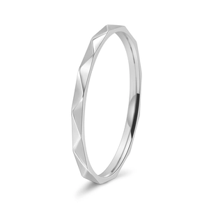 Minimalist V-shaped silver ring with geometric faceted texture and thin polished surface