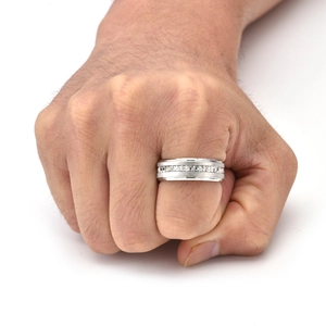 Men's titanium steel ring with single row square-cut diamonds and brushed silver finish