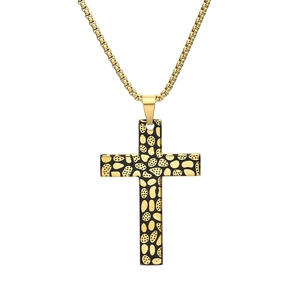 Collier croix rétro en acier inoxydable doré avec texture galet noir et chaîne
