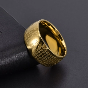 Wide 18K gold stainless steel heart sutra ring with engraved Buddhist scriptures
