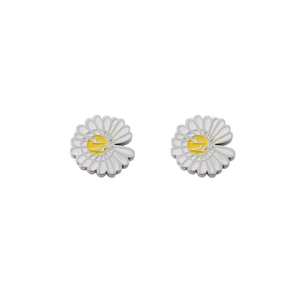 Minimalist daisy earrings with white enamel petals and yellow center in stainless steel