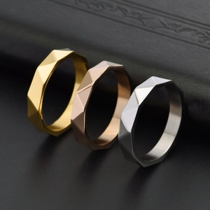 Polygonal faceted geometric 18K gold rings in gold rose gold and silver finishes