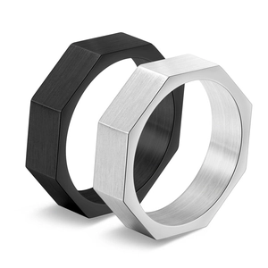 Close-up of industrial octagonal nut rings in black and silver brushed titanium steel