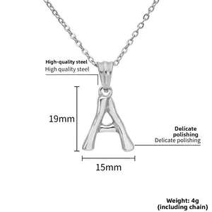 Macro detail of polished stainless steel letter A pendant showing quality and dimensions