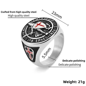 Detail view of Knight Templar shield ring with red cross and The Whole Armor of God text