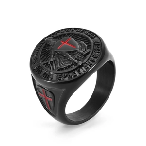 Macro view of Templar shield ring featuring a red cross and Ephesians 6:13-17 scripture