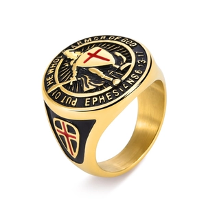 Mens vintage stainless steel Armor of God ring with red Templar cross and knight design