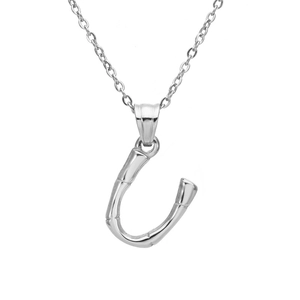 Detail of silver bamboo texture letter U pendant on a classic stainless steel link chain