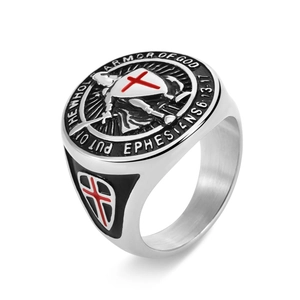 Men's retro Knights Templar shield ring with red cross and Bible armor verse engraving