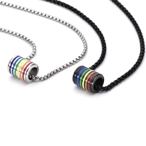 Detail of titanium steel cylinder necklaces with rainbow stripes and polished box chains