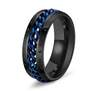 Anello rotante da uomo in acciaio nero con catena blu e incisioni di rune nordiche