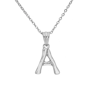 Detailed macro view of silver bamboo-textured letter A pendant on a simple link chain