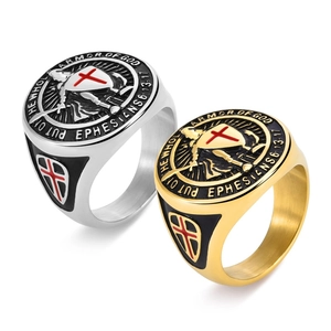 Men Vintage Stainless Steel Knight Templar Shield Cross Signet Ring Religious Scripture Punk Biker Ring For Men Jewelry Gift