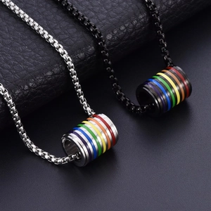 Titanium Steel Rainbow Cylinder Pendant Necklace Pride LGBTQ Colorful Stripes Box Chain Men Women Individual Fashion Jewelry