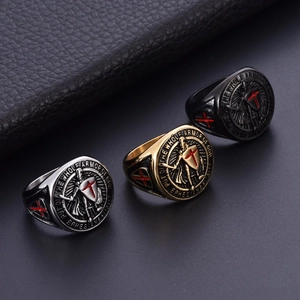 Vintage Knights Templar shield rings in silver, gold, and black stainless steel finish