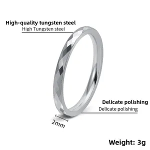 Macro detail of 2mm silver tungsten steel ring with diamond cut facets and polished finish