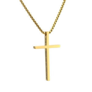 Collier croix en acier titane doré avec gravure de verset biblique sur chaîne