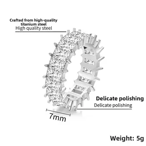 Macro view of 7mm titanium steel ring band featuring rectangle cut cubic zirconia stones