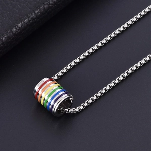 Rainbow cylinder pendant necklace in titanium steel with polished silver box chain