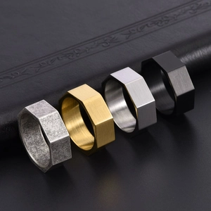 Octagonal brushed stainless steel ring set for men in silver gold and matte black finish