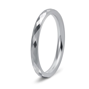 Polished diamond-cut tungsten steel ring with silver geometric faceted surface finish