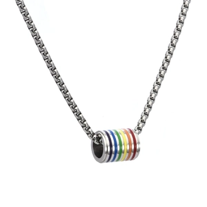 Rainbow cylindrical pendant necklace with silver box chain made of polished stainless steel