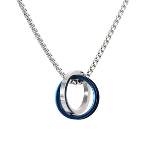 Minimalist double ring LOVE pendant necklace with blue and silver interlocking circles