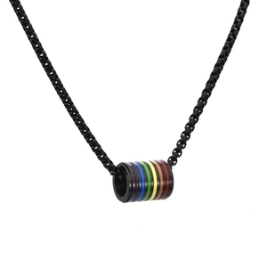 Rainbow cylinder pendant on a black box chain for men, stylish stainless steel necklace