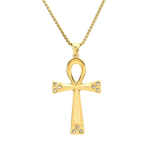 Goldene Ankh Kreuz Anhänger Halskette für Herren mit funkelnden Kristallverzierungen