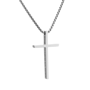 Collier croix en acier titane avec verset biblique gravé et chaîne maille carrée