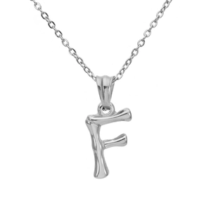 Bamboo style silver steel letter F pendant necklace with minimalist link chain for women