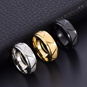 Men's 8mm stainless steel rings set with matte brushed texture and geometric engraved lines