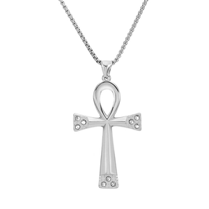 Silberne Ankh Kreuzkette mit Kristallsteinen an einer robusten quadratischen Boxkette