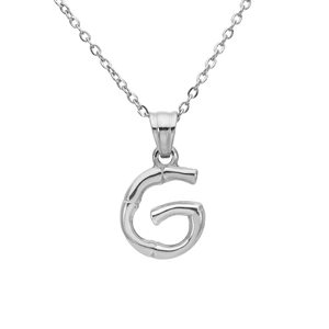 Detail of silver letter G pendant with bamboo texture on a minimalist cable chain